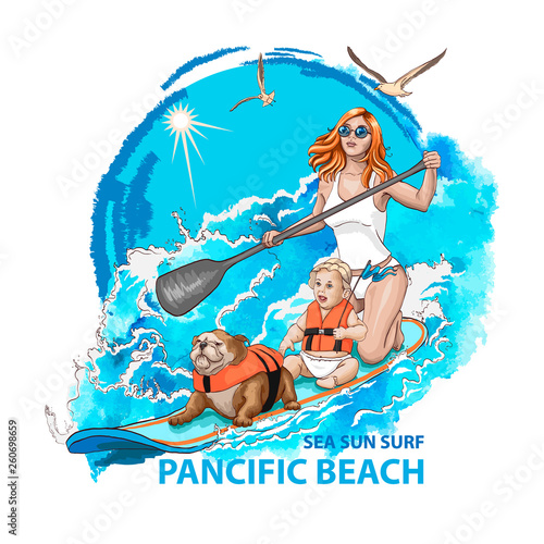 Young girl with an oar, child and dog floating on surfboard. Dog and child are wearing life jacket. Poster with the slogan. Hand drawn sketch. Sea texture watercolor effect. Vector illustration.