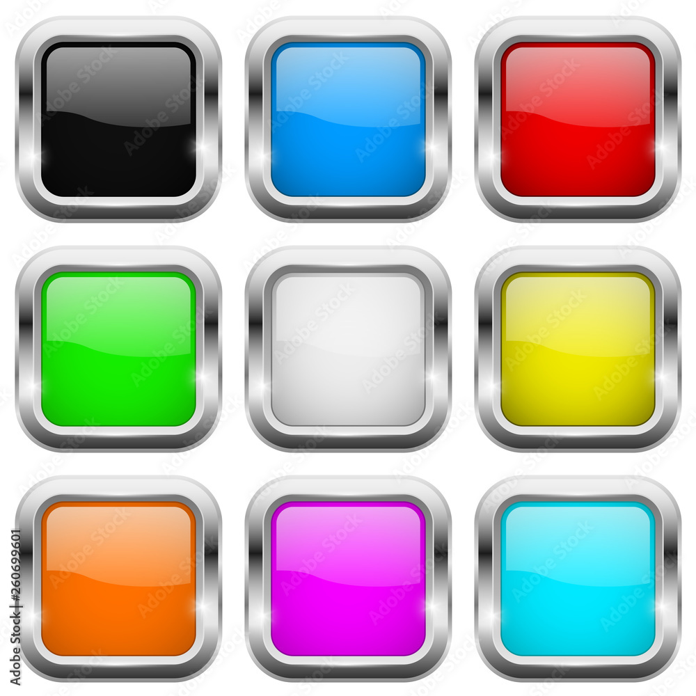 Square buttons. Glass colored icons with chrome frame Square buttons. Glass colored icons with chrome frame