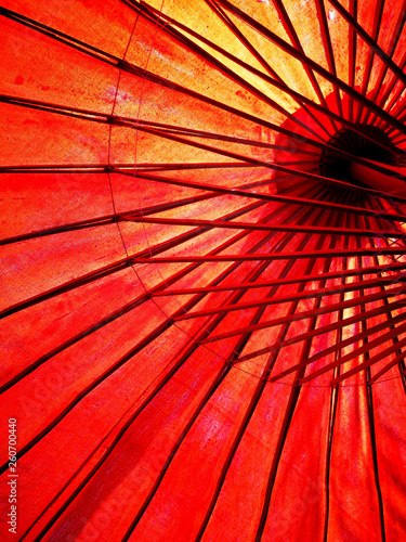 Japanese, Chinese, asian red umbrella. View from under.