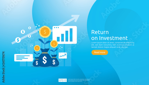 Return on investment ROI concept. business growth arrows success. dollar plant coins, graph and money bag. chart increase profit. Finance stretching rising up. banner flat style vector illustration.