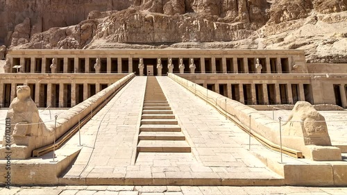 The Mortuary Temple of Hatshepsut, also known as the Djeser-Djeseru. Built for the Eighteenth Dynasty pharaoh Hatshepsut, it is located beneath the cliffs at Deir el-Baharinear the Valley of the Kings