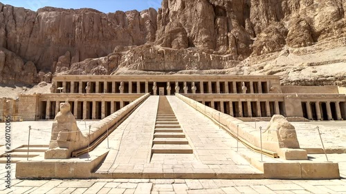 The Mortuary Temple of Hatshepsut, also known as the Djeser-Djeseru. Built for the Eighteenth Dynasty pharaoh Hatshepsut, it is located beneath the cliffs at Deir el-Baharinear the Valley of the Kings