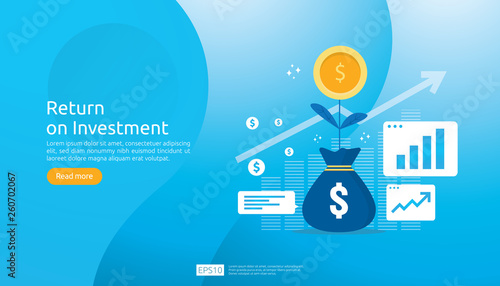 Return on investment ROI concept. business growth arrows success. dollar plant coins, graph and money bag. chart increase profit. Finance stretching rising up. banner flat style vector illustration. photo