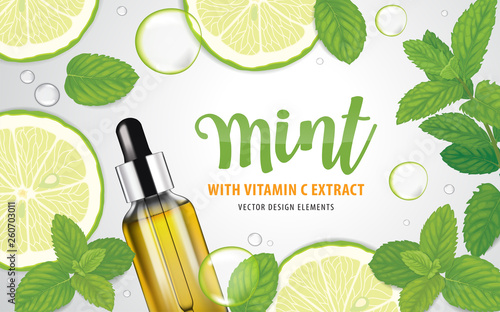 Mint leaf, lime fruit and vitamin C bottle with bubble on background template. Vector set of element for advertising, banner, packaging design of peppermint products.