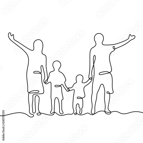 Happy family holding hands continuous line vector illustration