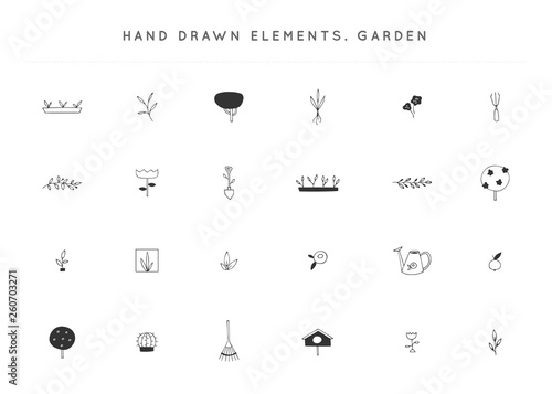 Vector garden logo elements set. Hand drawn isolated illustrations.