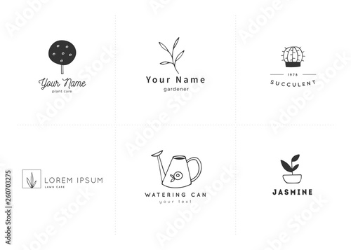 Vector logo templates set. Hand drawn garden isolated elements.