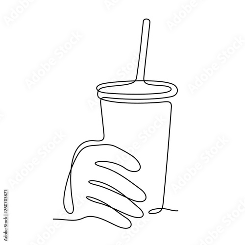 Hand holding beverage continuous line vector illustration
