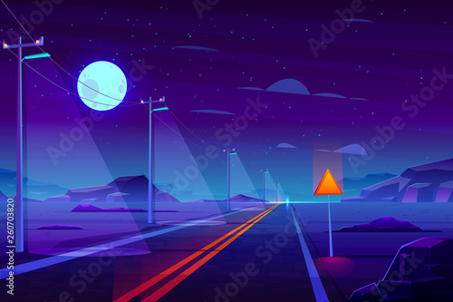 Illuminated at night, empty highway road in dessert cartoon vector. Row of power line pillars with lights, two line path with separate strips goes far to horizon in rocky, deserted area illustration