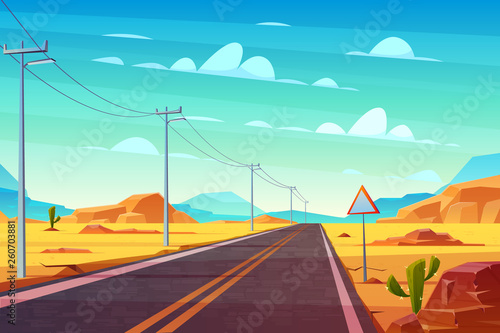 Empty highway road in desert, going far to horizon cartoon vector. Two line path, power line pillars and road sign in hot, deserted rocky area illustration. Car tourism, traveling America background
