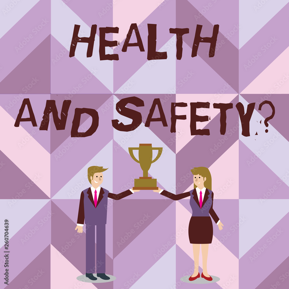 Handwriting text writing Health And Safety Question. Conceptual photo regulations and procedures to prevent accident or injury Man and Woman in Business Suit Holding Together the Championship Trophy Handwriting text writing Health And Safety Question. Conceptual photo regulations and procedures to prevent accident or injury Man and Woman in Business Suit Holding Together the Championship Trophy
