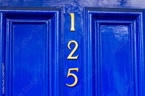 Fototapeta Naklejka Na Ścianę i Meble -  House number 125 with the one hundred twenty five in bronze vertically arranged numerals on a bright blue painted door