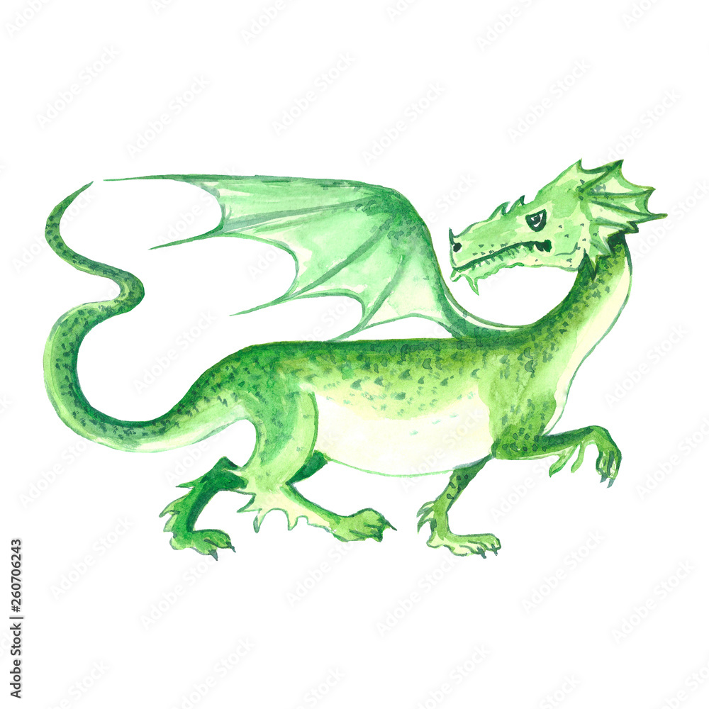 Fairy green dragon with wings isolated on white background. Hand drawn watercolor illustration. Fairy green dragon with wings isolated on white background. Hand drawn watercolor illustration.