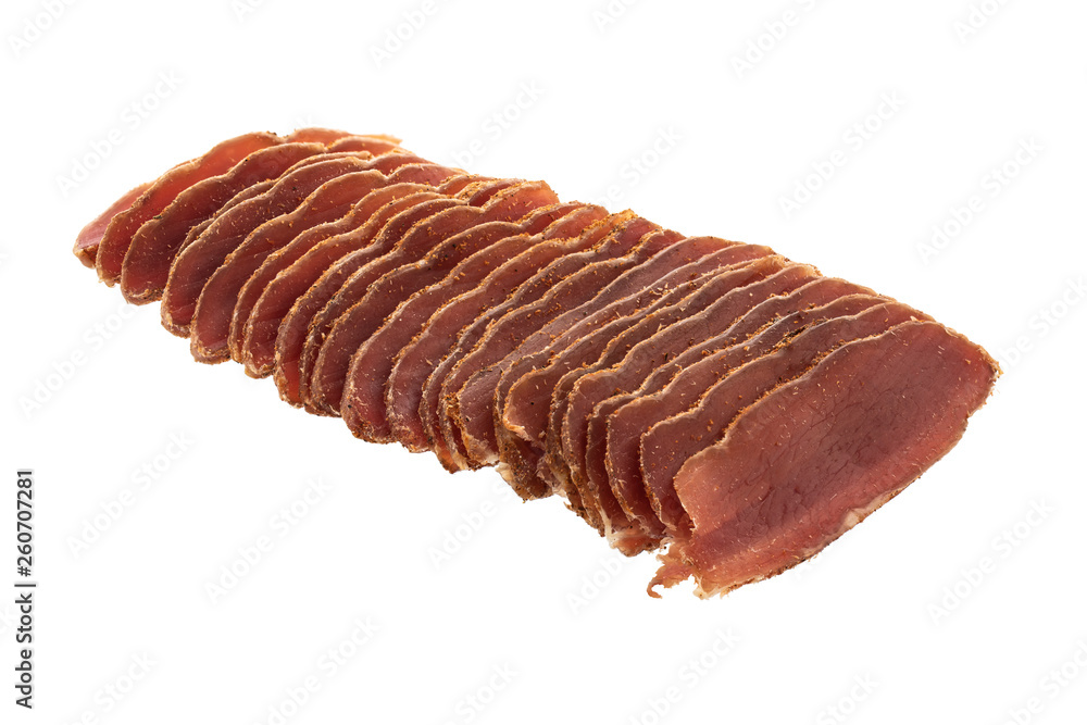 Basturma, dried tenderloin of beef meat, thinly sliced, on a white background. Basturma, dried tenderloin of beef meat, thinly sliced, on a white background.