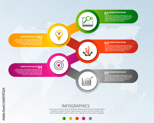 Modern 3D vector illustration. Circular infographic template with five elements and icons. Timeline designed for business, presentations, web design, applications, interfaces, diagrams with 5 steps