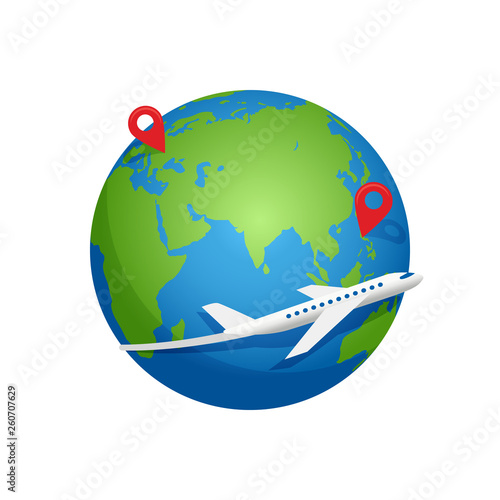 Airplane fly around the planet Earth. Vector logo icon