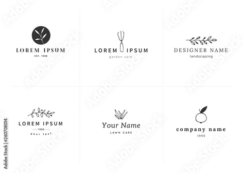 Vector hand drawn logo templates set. Garden and landscaping theme.