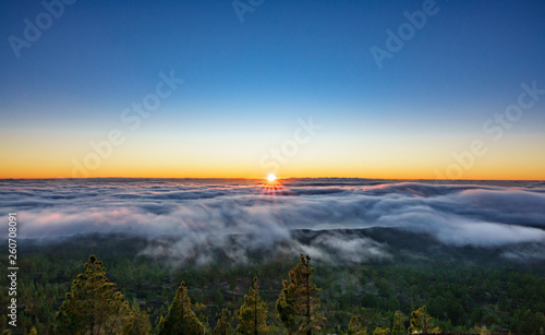 Bright sunset over the clouds and blue sky