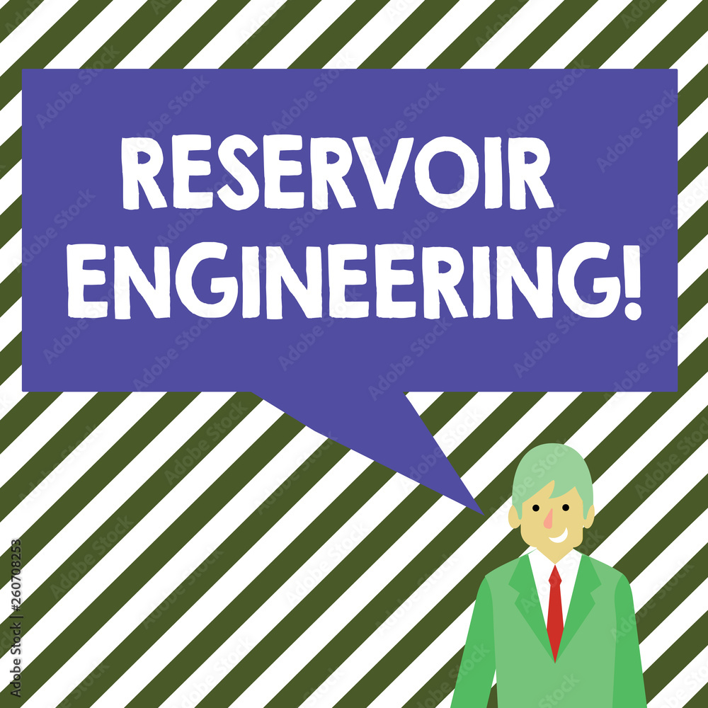 Word writing text Reservoir Engineering. Business photo showcasing evelopment and production of oil and gas reservoirs Businessman Smiling and Talking with Blank Rectangular Color Speech Bubble Word writing text Reservoir Engineering. Business photo showcasing evelopment and production of oil and gas reservoirs Businessman Smiling and Talking with Blank Rectangular Color Speech Bubble
