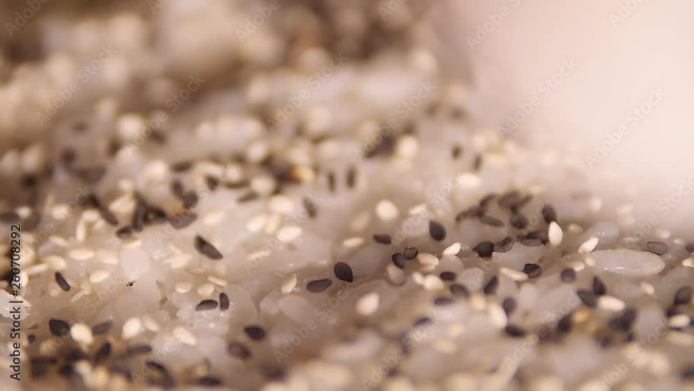 Close up Sesame falling on a sushi - slow motion shot Close up Sesame falling on a sushi - slow motion shot