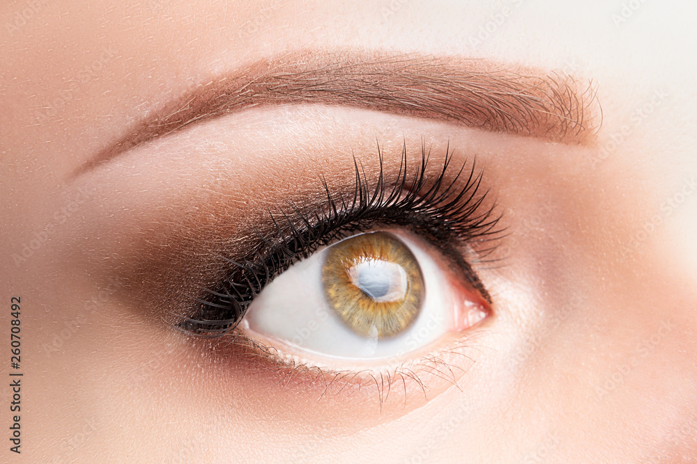 Eye with long eyelashes, beautiful makeup and light brown eyebrow close-up. Eyelash lamination, microblading, tattoo, permanent, cosmetology, ophthalmology concept Eye with long eyelashes, beautiful makeup and light brown eyebrow close-up. Eyelash lamination, microblading, tattoo, permanent, cosmetology, ophthalmology concept