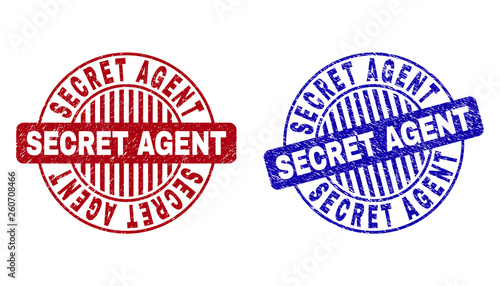 Grunge SECRET AGENT round stamp seals isolated on a white background. Round seals with grunge texture in red and blue colors.