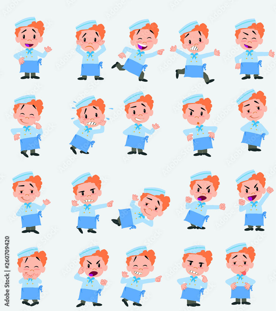 Cartoon character chef. Set with different postures, attitudes and poses, doing different activities in isolated vector illustrations. Cartoon character chef. Set with different postures, attitudes and poses, doing different activities in isolated vector illustrations.