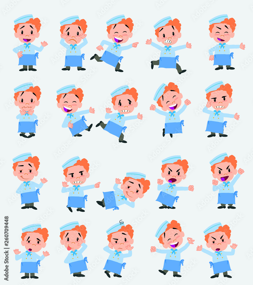 Cartoon character chef. Set with different postures, attitudes and poses, doing different activities in isolated vector illustrations.