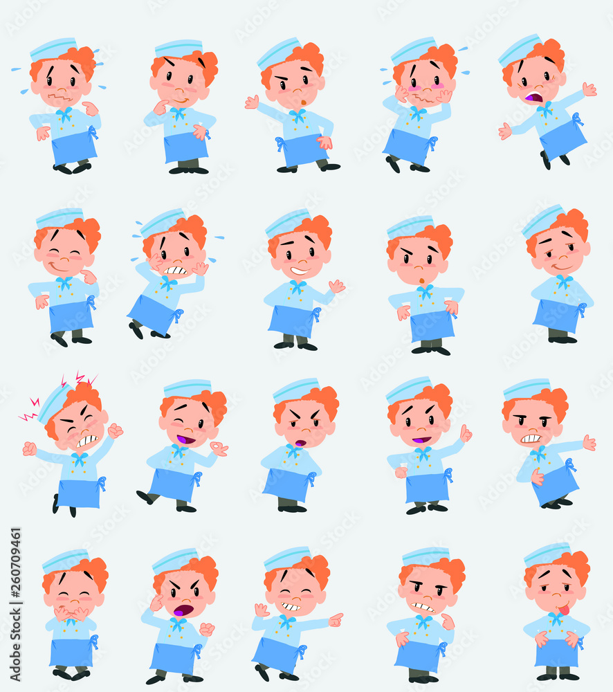 Cartoon character chef. Set with different postures, attitudes and poses, doing different activities in isolated vector illustrations. Cartoon character chef. Set with different postures, attitudes and poses, doing different activities in isolated vector illustrations.