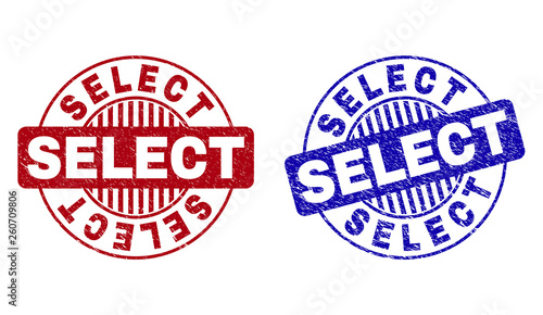 Grunge SELECT round stamp seals isolated on a white background. Round seals with grunge texture in red and blue colors. Vector rubber overlay of SELECT title inside circle form with stripes.