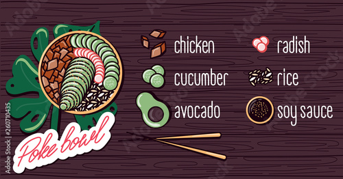 Vector menu of chicken poke bowl on wooden background. Illustrations of a lunch of Hawaiian cuisine with lettering. Chicken, cucumber, radish, avocado, soy sauce, rice.
