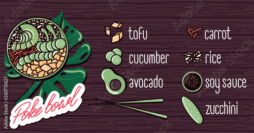 Vector menu of vegetarian poke bowl on wooden background. Illustrations of a lunch of Hawaiian cuisine with lettering. Tofu, cucumber, avocado, soy sauce, carrots, rice, zucchini.