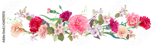 Panoramic view: bouquet of carnation schabaud, spring blossom. Horizontal border: red, pink flowers, buds, leaves on white background. Digital draw illustration in watercolor style, vintage, vector © analgin12