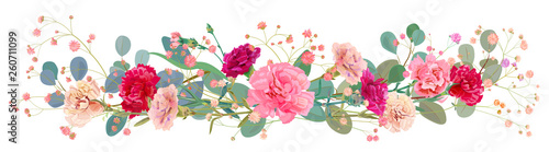 Panoramic view of carnation schabaud: pink, white, red flowers, leaves eucalyptus, twigs gypsophile, white background, illustration in watercolor style for Mother's Day, horizontal pattern, vector
