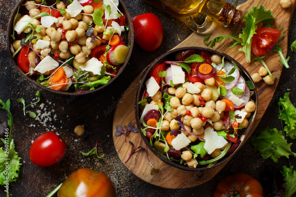 Chickpea salad with vegetables and microgreens