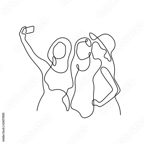 Girls making selfie together continuous line vector illustration