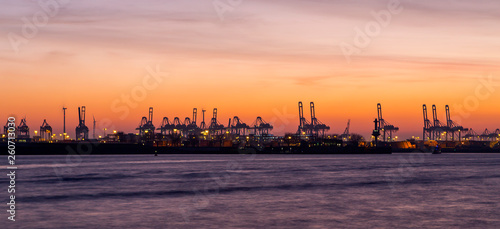 Panorama of container port in Hamburg  Germany at night