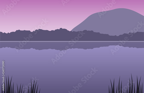 Vector illustration, landscape. River, mountain, trees, grass on the sunset.