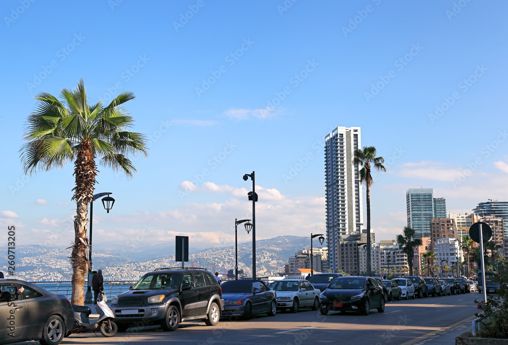Beirut Corniche, view from the sea to the snow covered mountains