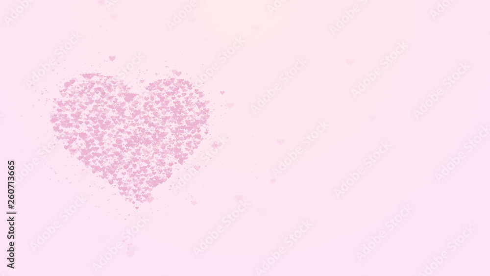 Blurred pink heart is isolated on pink background. Accumulation of little hearts creates one large heart. Left allocation. Copy space.