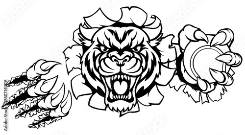 A Tiger angry animal sports mascot holding a tennis ball and breaking through the background with its claws
