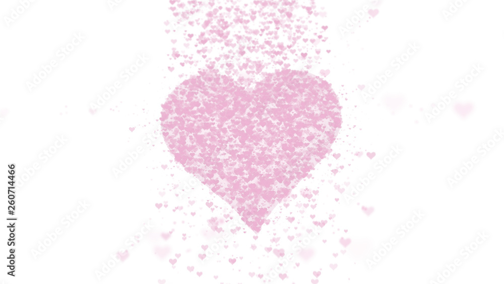 Blurred pink heart is isolated on white background. Accumulation of little hearts creates one large heart. Light pink heart is bursting with little hearts.