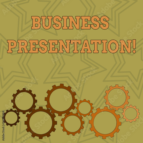 Writing note showing Business Presentation. Business concept for Demonstration or to present a new idea or product Colorful Cog Wheel Gear Engaging, Interlocking and Tesselating