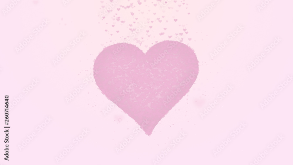 Blurred pink heart is isolated on pink background. Accumulation of little hearts creates one large heart. Light pink heart is bursting with little hearts.