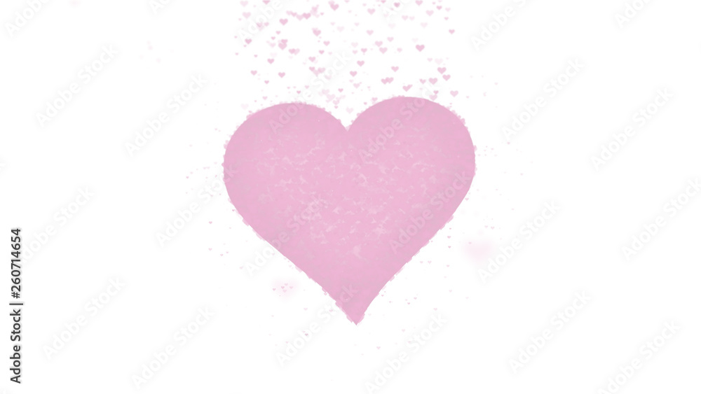 Blurred pink heart is isolated on white background. Accumulation of little hearts creates one large heart. Light pink heart is bursting with little hearts.
