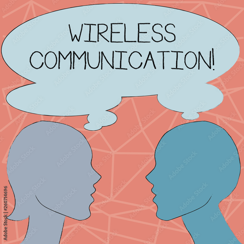 Conceptual hand writing showing Wireless Communication. Concept meaning Communicating between devices using a wireless signal Silhouette Sideview Profile of Man and Woman Thought Bubble