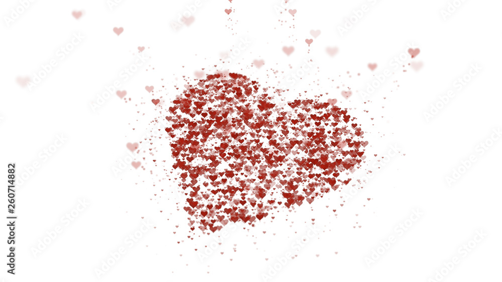 Red heart is isolated on white background. Accumulation of little hearts creates one large heart. Lying heart is absorbing more little hearts.