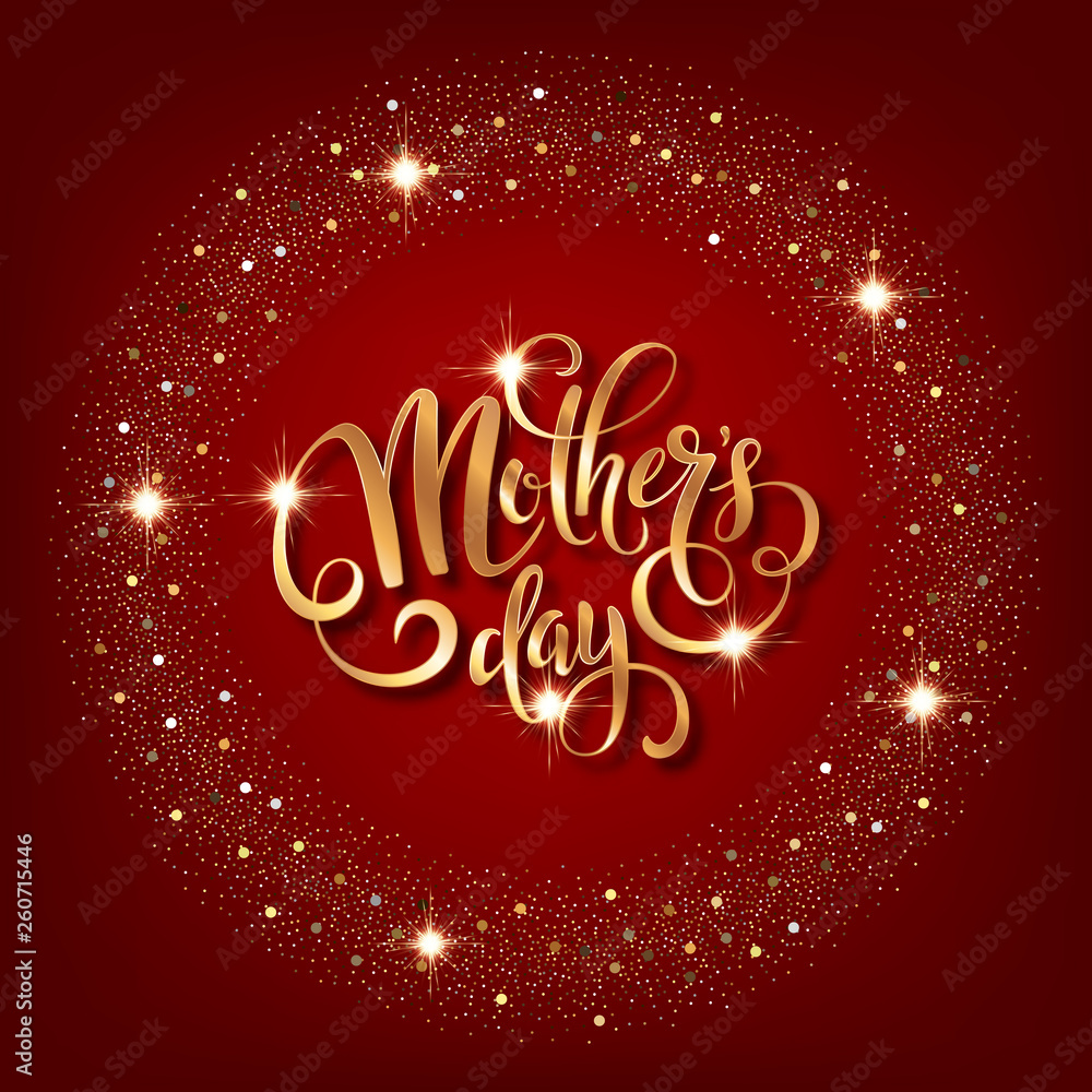 Mothers day greeting card. Handwritten message on red background with golden confetti