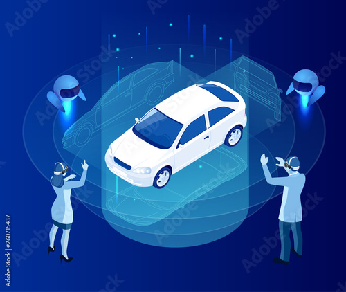 Isometric Cybernetic Robots and people works with a virtual interface in augmented reality. Virtual computer development of a car model using artificial intelligence. Future concept.