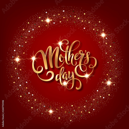 Mothers day greeting card. Handwritten message on red background with golden confetti